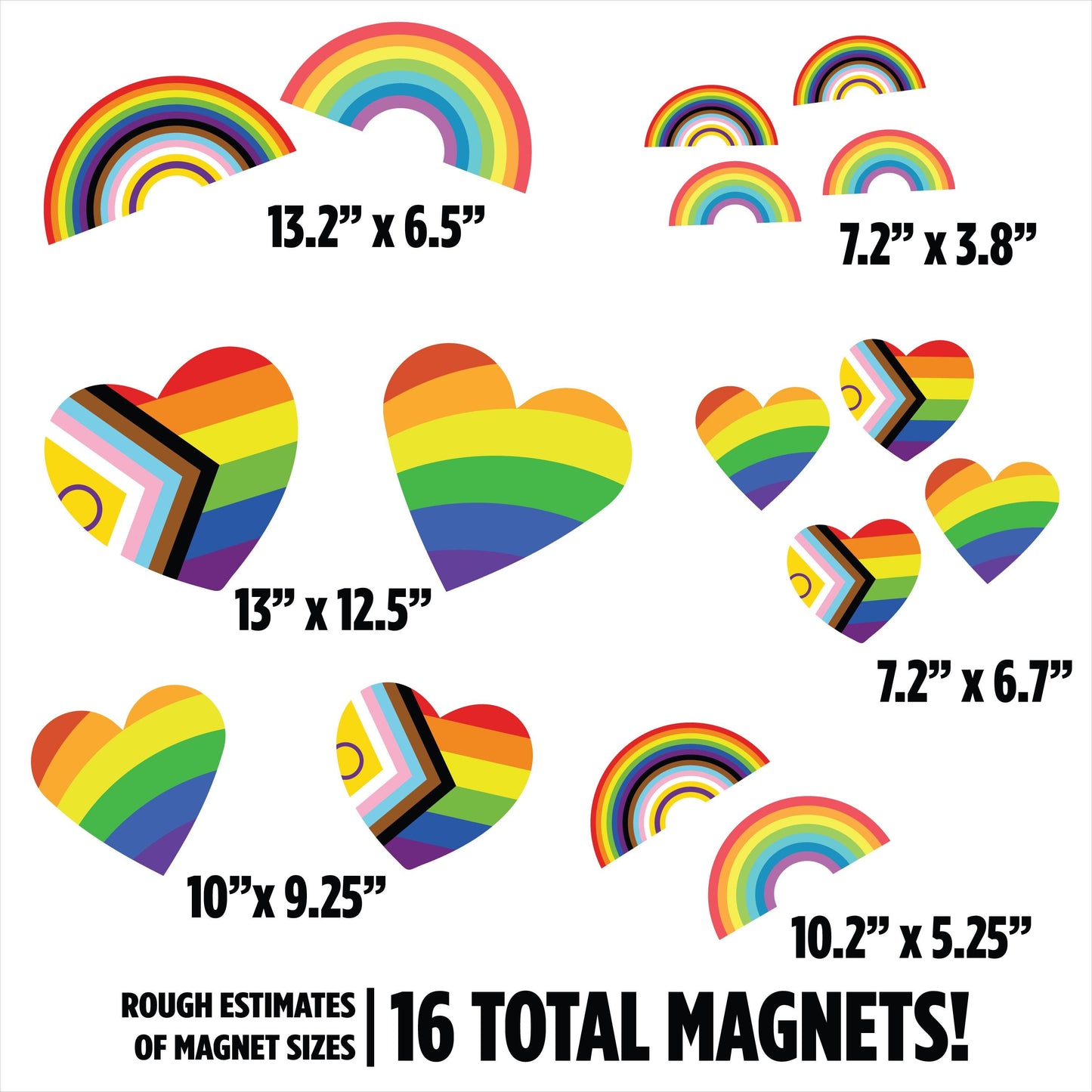 Magnetic Pride Rainbow, Pride Flag, Pride Heart, 16pc Magnet Set, Weatherproof