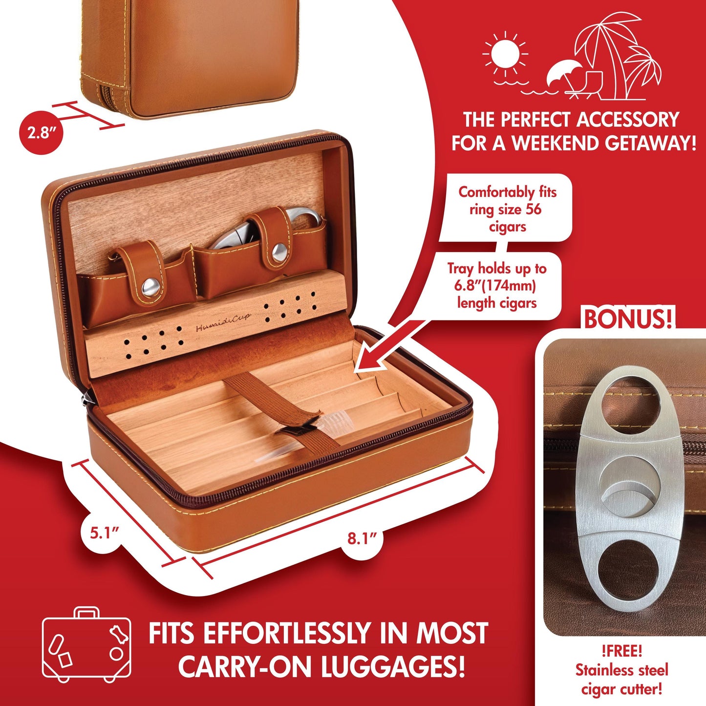 Personalized Travel Cigar Humidor Case with included accessories, Cigar Box Case, Gift for Husband Cigar Aficionado