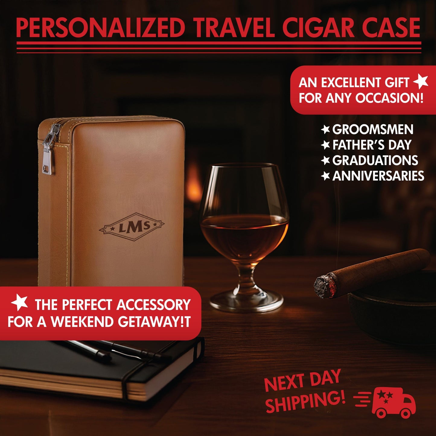 Personalized Travel Cigar Humidor Case with included accessories, Cigar Box Case, Gift for Husband Cigar Aficionado