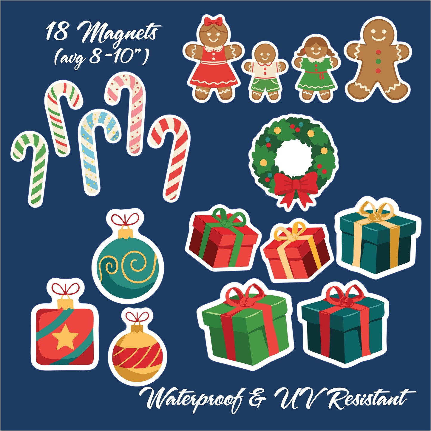 Magnetic Jumbo Christmas Magnets, 19pc Christmas Magnet Set, Weatherproof